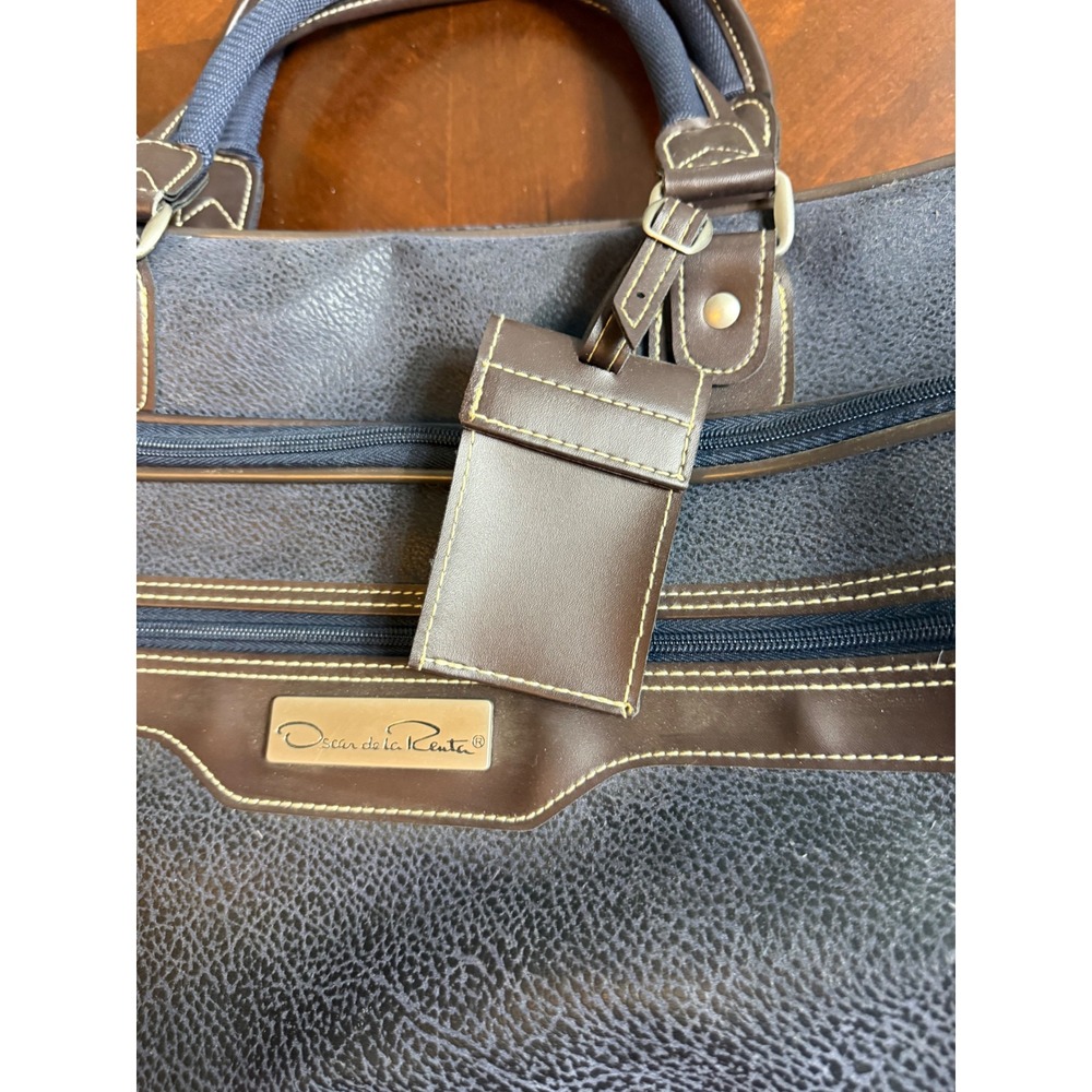 Vtg Oscar de la Renta Carry-On Bag Navy Pebble Suede 90s Weekender‎ Duffel Brown - Picture 4 of 12